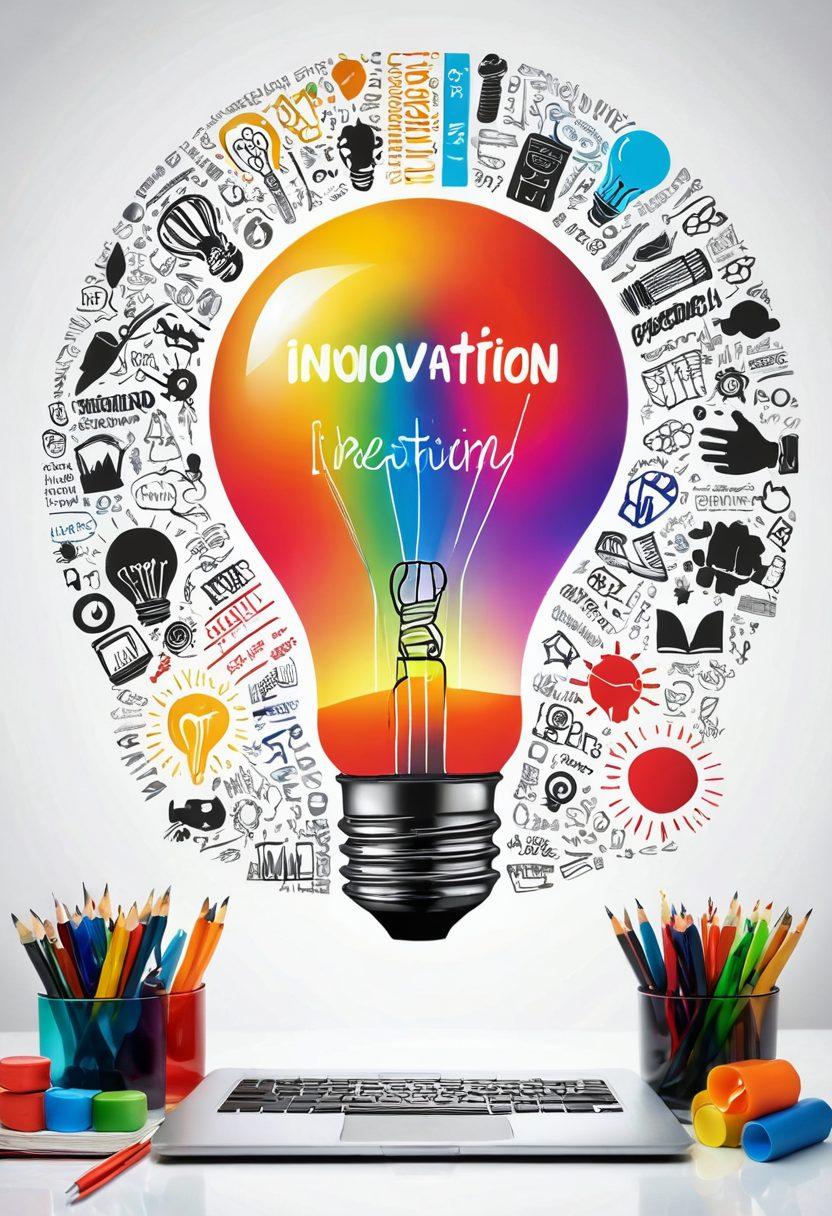 A light bulb glowing with vibrant colors, surrounded by tools of creativity like a laptop, paintbrushes, and notebooks. In the background, silhouettes of people brainstorming and collaborating, exuding innovation and inspiration. A pathway made of words leading to a digital landscape filled with imaginative ideas. super-realistic. vibrant colors. white background.