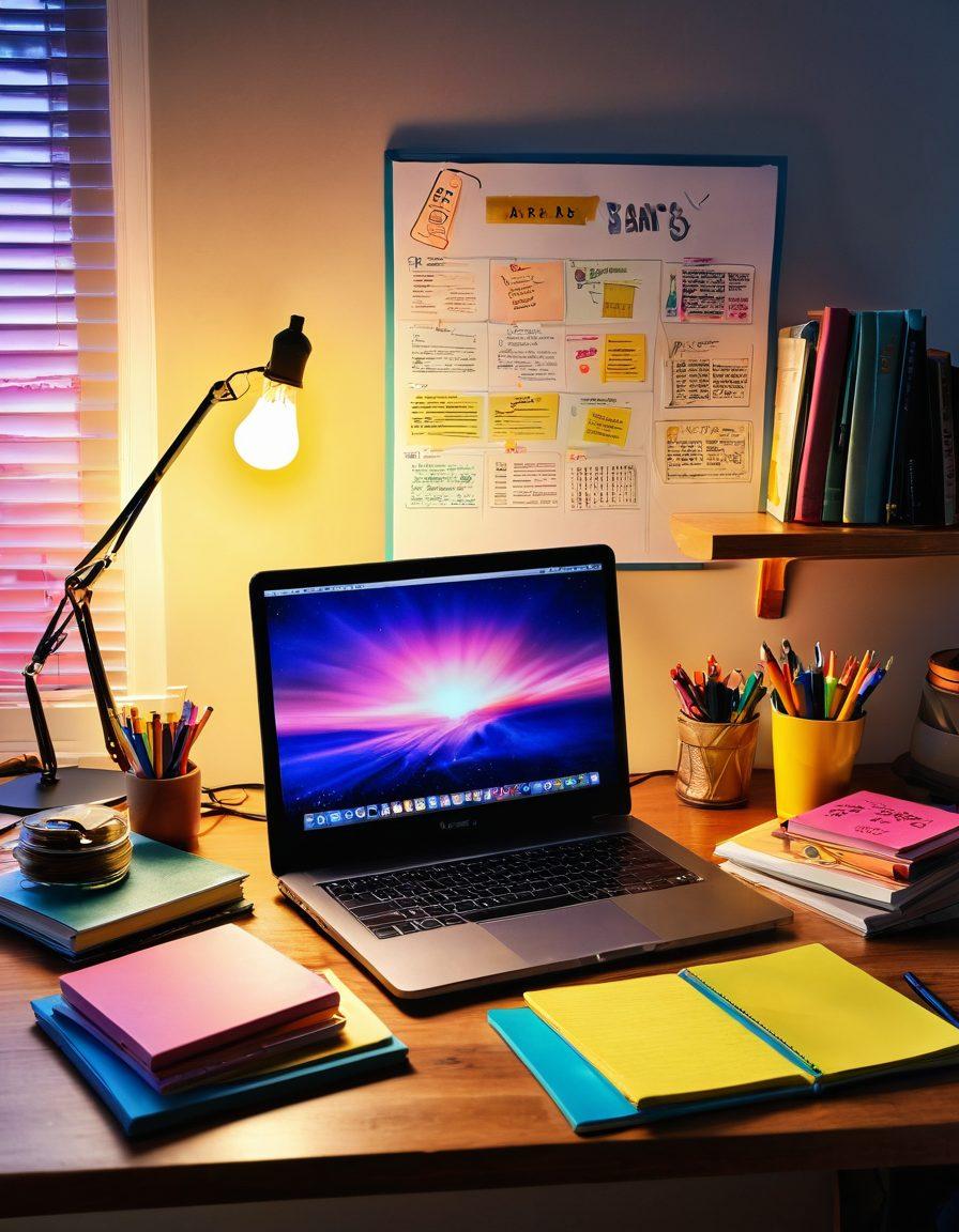A dynamic workspace filled with colorful books, a laptop displaying a captivating website, and a notepad full of vibrant ideas. Include a glowing light bulb symbolizing innovation above the desk, surrounded by creative tools like pens and sticky notes. The background portrays a bright sunrise to signify new beginnings in online writing and branding. super-realistic. vibrant colors. cozy atmosphere.