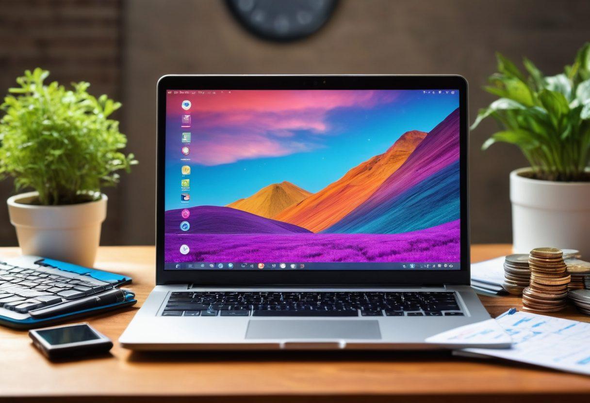 A dynamic graphic showcasing a laptop with a vibrant screensaver of a digital landscape, surrounded by stacks of coins and a notepad filled with notes. Include visual elements like social media icons, a colorful growth chart emerging from the laptop, and passionate bloggers at work in the background. The atmosphere should convey energy and success in the blogging world. super-realistic. vibrant colors. 3D.